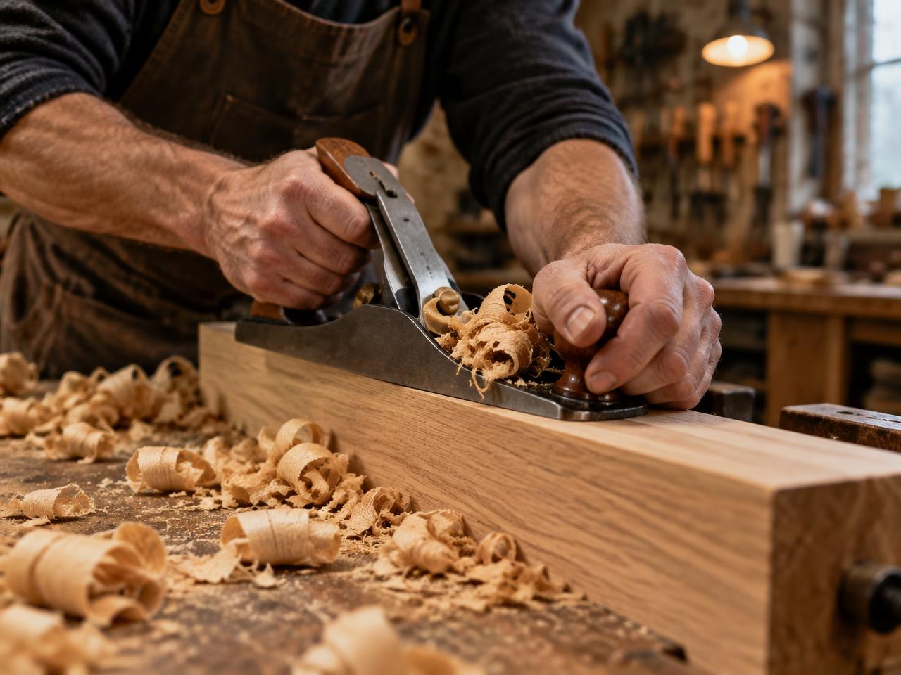 Handen van een meubelmaker die eiken hout schaven in de werkplaats