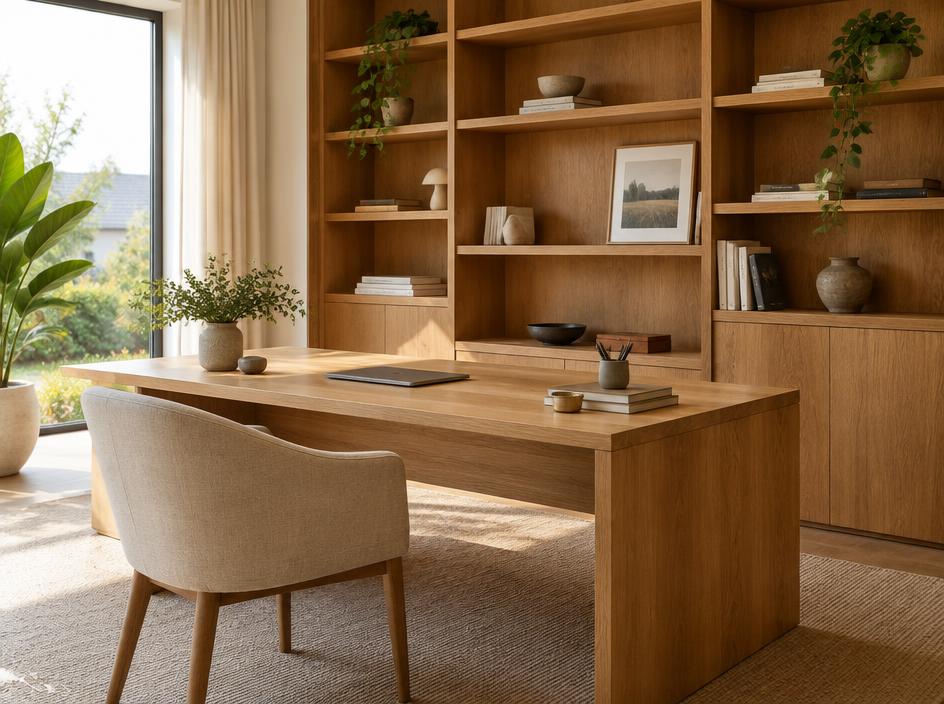 Kantoorinrichting met een bureau en wandkasten van eiken