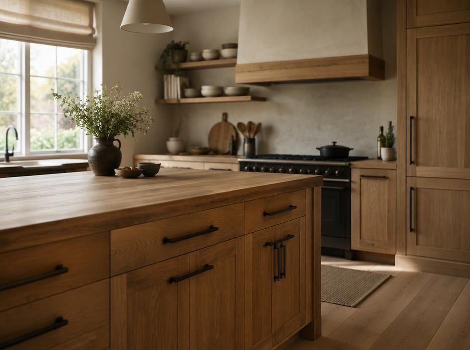 Maatwerkkeuken van eiken met een werkblad van massief hout