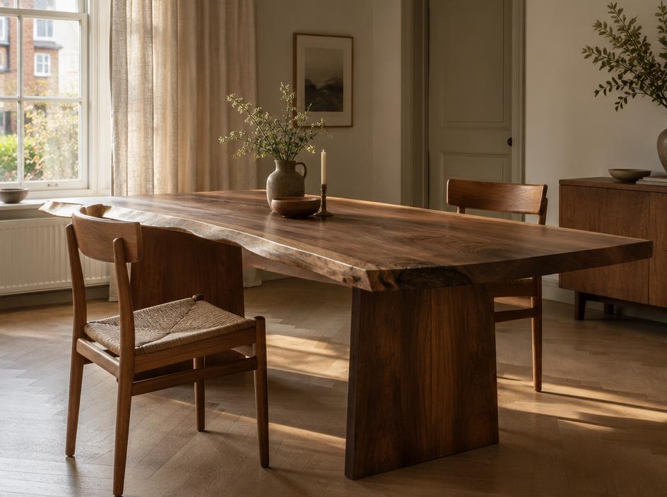 Eetkamer tafel van massief notenhout met twee stoelen