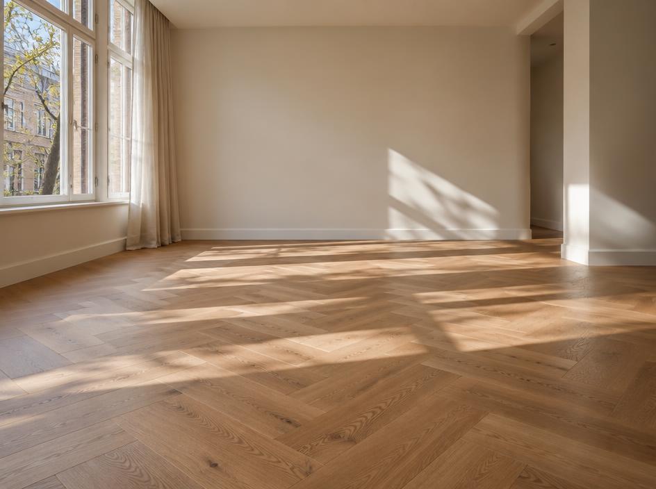 Gelopen eiken vloer in visgraatpatroon in een zonnige woonkamer