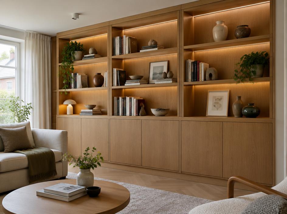 Wandmeubel van eiken met open schappen en warm licht
