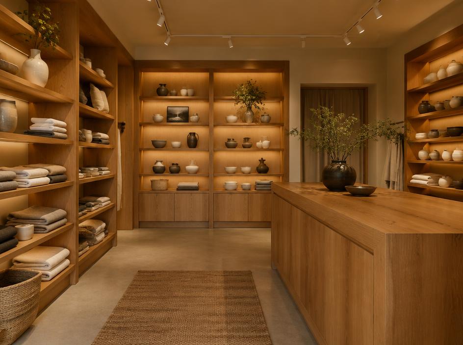 Winkelinterieur met eiken schappen en een houten toonbank